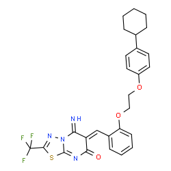 ChemSpider 2D Image | (6Z)-6-{2-[2-(4-Cyclohexylphenoxy)ethoxy]benzylidene}-5-imino-2-(trifluoromethyl)-5,6-dihydro-7H-[1,3,4]thiadiazolo[3,2-a]pyrimidin-7-one | C27H25F3N4O3S