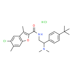 ChemSpider 2D Image | 5-Chloro-N-{2-(dimethylamino)-2-[4-(2-methyl-2-propanyl)phenyl]ethyl}-3,6-dimethyl-1-benzofuran-2-carboxamide hydrochloride (1:1) | C25H32Cl2N2O2