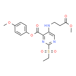 ChemSpider 2D Image | 4-Methoxyphenyl 2-(ethylsulfonyl)-5-[(3-methoxy-3-oxopropyl)amino]-4-pyrimidinecarboxylate | C18H21N3O7S