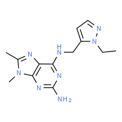 ChemSpider 2D Image | N~6~-[(1-Ethyl-1H-pyrazol-5-yl)methyl]-8,9-dimethyl-9H-purine-2,6-diamine | C13H18N8