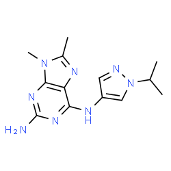 ChemSpider 2D Image | N~6~-(1-Isopropyl-1H-pyrazol-4-yl)-8,9-dimethyl-9H-purine-2,6-diamine | C13H18N8