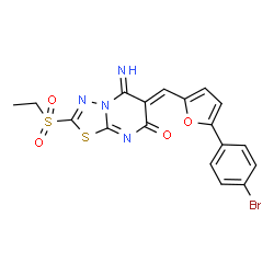 ChemSpider 2D Image | (6Z)-6-{[5-(4-Bromophenyl)-2-furyl]methylene}-2-(ethylsulfonyl)-5-imino-5,6-dihydro-7H-[1,3,4]thiadiazolo[3,2-a]pyrimidin-7-one | C18H13BrN4O4S2