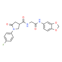 ChemSpider 2D Image | N-[2-(1,3-Benzodioxol-5-ylamino)-2-oxoethyl]-1-(4-fluorophenyl)-5-oxo-3-pyrrolidinecarboxamide | C20H18FN3O5