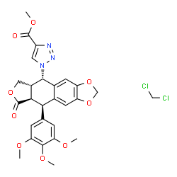 ChemSpider 2D Image | Methyl 1-[(5S,5aS,8aR,9R)-8-oxo-9-(3,4,5-trimethoxyphenyl)-5,5a,6,8,8a,9-hexahydrofuro[3',4':6,7]naphtho[2,3-d][1,3]dioxol-5-yl]-1H-1,2,3-triazole-4-carboxylate - dichloromethane (1:1) | C27H27Cl2N3O9