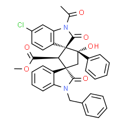 ChemSpider 2D Image | (3S,3''S,2'R,5'S)-1-Acetyl-1''-benzyl-dispiro[6-chloro-oxindole-3,1'-[5'-hydroxy-2'-methoxycarbonyl-5'-phenyl]-cyclopentane-3',3''-oxindole] | C36H29ClN2O6