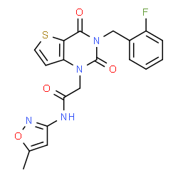 ChemSpider 2D Image | 2-[3-(2-Fluorobenzyl)-2,4-dioxo-3,4-dihydrothieno[3,2-d]pyrimidin-1(2H)-yl]-N-(5-methyl-1,2-oxazol-3-yl)acetamide | C19H15FN4O4S