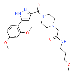 ChemSpider 2D Image | 2-(4-{[5-(2,4-Dimethoxyphenyl)-1H-pyrazol-3-yl]carbonyl}-1-piperazinyl)-N-(3-methoxypropyl)acetamide | C22H31N5O5