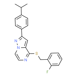 ChemSpider 2D Image | 4-[(2-Fluorobenzyl)sulfanyl]-2-(4-isopropylphenyl)pyrazolo[1,5-a]pyrazine | C22H20FN3S