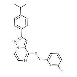 ChemSpider 2D Image | 4-[(3-Fluorobenzyl)sulfanyl]-2-(4-isopropylphenyl)pyrazolo[1,5-a]pyrazine | C22H20FN3S