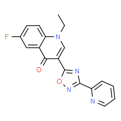 ChemSpider 2D Image | 1-Ethyl-6-fluoro-3-[3-(2-pyridinyl)-1,2,4-oxadiazol-5-yl]-4(1H)-quinolinone | C18H13FN4O2