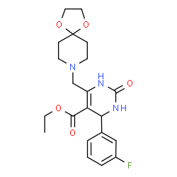 ChemSpider 2D Image | Ethyl 6-(1,4-dioxa-8-azaspiro[4.5]dec-8-ylmethyl)-4-(3-fluorophenyl)-2-oxo-1,2,3,4-tetrahydro-5-pyrimidinecarboxylate | C21H26FN3O5