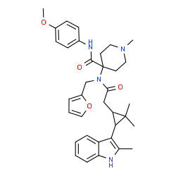 ChemSpider 2D Image | 4-[{[2,2-Dimethyl-3-(2-methyl-1H-indol-3-yl)cyclopropyl]acetyl}(2-furylmethyl)amino]-N-(4-methoxyphenyl)-1-methyl-4-piperidinecarboxamide | C35H42N4O4