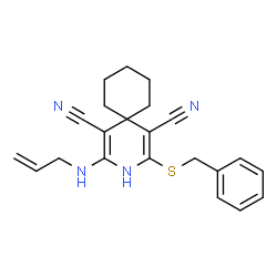 ChemSpider 2D Image | 2-(Allylamino)-4-(benzylsulfanyl)-3-azaspiro[5.5]undeca-1,4-diene-1,5-dicarbonitrile | C22H24N4S