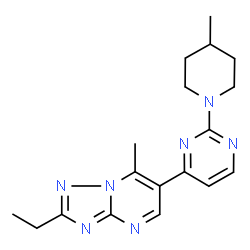 ChemSpider 2D Image | 2-Ethyl-7-methyl-6-[2-(4-methyl-1-piperidinyl)-4-pyrimidinyl][1,2,4]triazolo[1,5-a]pyrimidine | C18H23N7