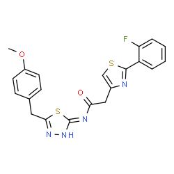ChemSpider 2D Image | 2-[2-(2-Fluorophenyl)-1,3-thiazol-4-yl]-N-[5-(4-methoxybenzyl)-1,3,4-thiadiazol-2-yl]acetamide | C21H17FN4O2S2