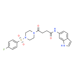 ChemSpider 2D Image | 4-{4-[(4-Fluorophenyl)sulfonyl]-1-piperazinyl}-N-(1H-indol-6-yl)-4-oxobutanamide | C22H23FN4O4S