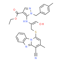 ChemSpider 2D Image | Ethyl 5-({(1E)-3-[(4-cyano-3-methylpyrido[1,2-a]benzimidazol-1-yl)sulfanyl]-1-hydroxy-1-propen-2-yl}amino)-1-(4-methylbenzyl)-1H-pyrazole-4-carboxylate | C30H28N6O3S