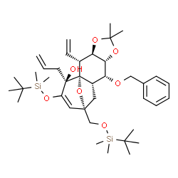 ChemSpider 2D Image | (3aR,4R,4aS,5S,8S,9aS,10R,10aR)-5-Allyl-10-(benzyloxy)-6-((tert-butyldimethylsilyl)oxy)-8-(((tert-butyldimethylsilyl)oxy)methyl)-2,2-dimethyl-4-vinyl-3a,4,5,8,9,9a,10,10a-octahydro-4a,8-epoxycyclohepta[4,5]benzo[1,2-d][1,3]dioxol-5-ol | C39H62O7Si2