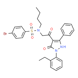 ChemSpider 2D Image | 4-Bromo-N-butyl-N-{2-[2-(2-ethylphenyl)-3-oxo-5-phenyl-2,3-dihydro-1H-pyrazol-4-yl]-2-oxoethyl}benzenesulfonamide | C29H30BrN3O4S