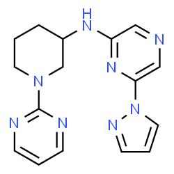 ChemSpider 2D Image | 6-(1H-Pyrazol-1-yl)-N-[1-(2-pyrimidinyl)-3-piperidinyl]-2-pyrazinamine | C16H18N8