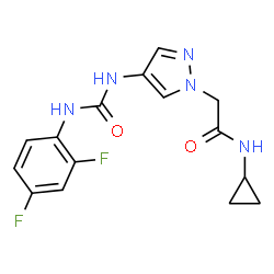 ChemSpider 2D Image | N-Cyclopropyl-2-(4-{[(2,4-difluorophenyl)carbamoyl]amino}-1H-pyrazol-1-yl)acetamide | C15H15F2N5O2