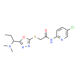 ChemSpider 2D Image | N-(5-Chloro-2-pyridinyl)-2-({5-[1-(dimethylamino)propyl]-1,3,4-oxadiazol-2-yl}sulfanyl)acetamide | C14H18ClN5O2S