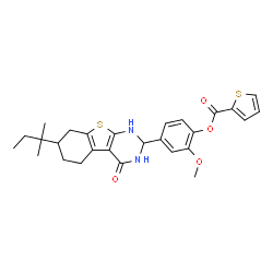 ChemSpider 2D Image | 2-Methoxy-4-[7-(2-methyl-2-butanyl)-4-oxo-1,2,3,4,5,6,7,8-octahydro[1]benzothieno[2,3-d]pyrimidin-2-yl]phenyl 2-thiophenecarboxylate | C27H30N2O4S2