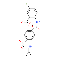 ChemSpider 2D Image | 2-({[4-(Cyclopropylsulfamoyl)phenyl]sulfonyl}amino)-5-fluorobenzoic acid | C16H15FN2O6S2