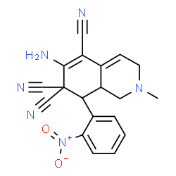 ChemSpider 2D Image | 6-Amino-2-methyl-8-(2-nitrophenyl)-2,3,8,8a-tetrahydro-5,7,7(1H)-isoquinolinetricarbonitrile | C19H16N6O2