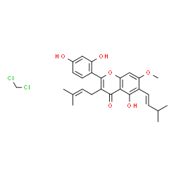ChemSpider 2D Image | 2-(2,4-Dihydroxyphenyl)-5-hydroxy-7-methoxy-6-[(1E)-3-methyl-1-buten-1-yl]-3-(3-methyl-2-buten-1-yl)-4H-chromen-4-one - dichloromethane (1:1) | C27H30Cl2O6