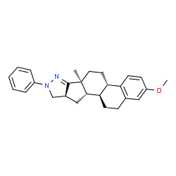 ChemSpider 2D Image | (4bS,6aS,9aS,10aS,10bR)-2-Methoxy-6a-methyl-8-phenyl-4b,5,6,6a,8,9,9a,10,10a,10b,11,12-dodecahydronaphtho[2',1':4,5]indeno[1,2-c]pyrazole | C26H30N2O