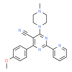 ChemSpider 2D Image | 4-(4-Methoxyphenyl)-6-(4-methyl-1-piperazinyl)-2-(2-pyridinyl)-5-pyrimidinecarbonitrile | C22H22N6O