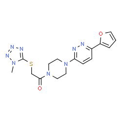 ChemSpider 2D Image | 1-{4-[6-(2-Furyl)-3-pyridazinyl]-1-piperazinyl}-2-[(1-methyl-1H-tetrazol-5-yl)sulfanyl]ethanone | C16H18N8O2S