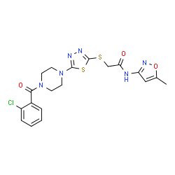 ChemSpider 2D Image | 2-({5-[4-(2-Chlorobenzoyl)-1-piperazinyl]-1,3,4-thiadiazol-2-yl}sulfanyl)-N-(5-methyl-1,2-oxazol-3-yl)acetamide | C19H19ClN6O3S2