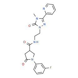 ChemSpider 2D Image | 1-(3-Fluorophenyl)-N-{2-[4-methyl-5-oxo-3-(2-pyridinyl)-4,5-dihydro-1H-1,2,4-triazol-1-yl]ethyl}-5-oxo-3-pyrrolidinecarboxamide | C21H21FN6O3