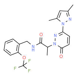 ChemSpider 2D Image | 2-[3-(3,5-Dimethyl-1H-pyrazol-1-yl)-6-oxo-1(6H)-pyridazinyl]-N-[2-(trifluoromethoxy)benzyl]propanamide | C20H20F3N5O3
