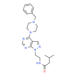 ChemSpider 2D Image | N-{2-[4-(4-Benzyl-1-piperazinyl)-1H-pyrazolo[3,4-d]pyrimidin-1-yl]ethyl}-3-methylbutanamide | C23H31N7O