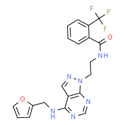 ChemSpider 2D Image | N-(2-{4-[(2-Furylmethyl)amino]-1H-pyrazolo[3,4-d]pyrimidin-1-yl}ethyl)-2-(trifluoromethyl)benzamide | C20H17F3N6O2