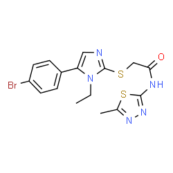 ChemSpider 2D Image | 2-{[5-(4-Bromophenyl)-1-ethyl-1H-imidazol-2-yl]sulfanyl}-N-(5-methyl-1,3,4-thiadiazol-2-yl)acetamide | C16H16BrN5OS2