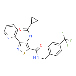 ChemSpider 2D Image | 4-[(Cyclopropylcarbonyl)amino]-3-(2-pyridinyl)-N-[4-(trifluoromethyl)benzyl]-1,2-thiazole-5-carboxamide | C21H17F3N4O2S