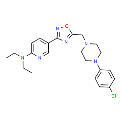 ChemSpider 2D Image | 5-(5-{[4-(4-Chlorophenyl)-1-piperazinyl]methyl}-1,2,4-oxadiazol-3-yl)-N,N-diethyl-2-pyridinamine | C22H27ClN6O
