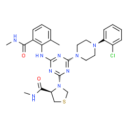 ChemSpider 2D Image | (4R)-3-(4-[4-(2-Chlorophenyl)-1-piperazinyl]-6-{[2-methyl-6-(methylcarbamoyl)phenyl]amino}-1,3,5-triazin-2-yl)-N-methyl-1,3-thiazolidine-4-carboxamide | C27H32ClN9O2S