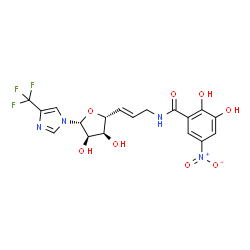ChemSpider 2D Image | N-[(E)-3-[(2R,3S,4R,5R)-3,4-dihydroxy-5-[4-(trifluoromethyl)imidazol-1-yl]oxolan-2-yl]prop-2-enyl]-2,3-dihydroxy-5-nitro-benzamide | C18H17F3N4O8