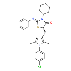 ChemSpider 2D Image | (2Z)-5-{[1-(4-Chlorophenyl)-2,5-dimethyl-1H-pyrrol-3-yl]methylene}-3-cyclohexyl-2-(phenylimino)-1,3-thiazolidin-4-one | C28H28ClN3OS