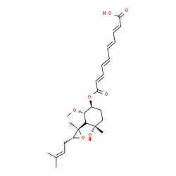 ChemSpider 2D Image | (2E,4E,6E,8E)-10-({(1S,2S,3R,4S)-4-Hydroxy-2-methoxy-4-methyl-3-[(2R,3R)-2-methyl-3-(3-methyl-2-buten-1-yl)-2-oxiranyl]cyclohexyl}oxy)-10-oxo-2,4,6,8-decatetraenoic acid | C26H36O7