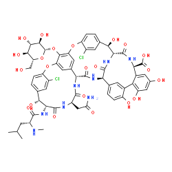 ChemSpider 2D Image | (1R,2R,18R,19R,22R,25R,28R,40R)-22-(2-Amino-2-oxoethyl)-5,15-dichloro-48-(beta-D-glucopyranosyloxy)-2,18,32,35,37-pentahydroxy-19-[(N-methyl-D-leucyl)amino]-20,23,26,42,44-pentaoxo-7,13-dioxa-21,24,27
,41,43-pentaazaoctacyclo[26.14.2.2~3,6~.2~14,17~.1~8,12~.1~29,33~.0~10,25~.0~34,39~]pentaconta-3,5,8(48),9,11,14,16,29(45),30,32,34,36,38,46,49-pentadecaene-40-carboxylic acid | C59H62Cl2N8O22