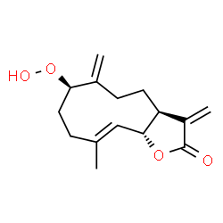 ChemSpider 2D Image | (3aS,7R,10E,11aR)-3a,4,5,6,7,8,9,11a-Octahydro-7-hydroperoxy-10-methyl-3,6-bis(methylene)cyclodeca[b]furan-2(3H)-one | C15H20O4