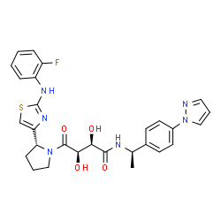 ChemSpider 2D Image | (2R,3R)-4-[(2R)-2-{2-[(2-Fluorophenyl)amino]-1,3-thiazol-4-yl}-1-pyrrolidinyl]-2,3-dihydroxy-4-oxo-N-{(1R)-1-[4-(1H-pyrazol-1-yl)phenyl]ethyl}butanamide | C28H29FN6O4S