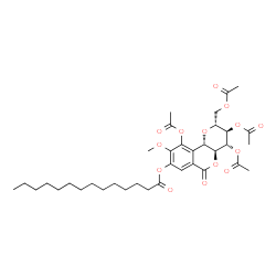 ChemSpider 2D Image | (2R,3R,4R,4aS,10bS)-3,4,10-Triacetoxy-2-(acetoxymethyl)-9-methoxy-6-oxo-2,3,4,4a,6,10b-hexahydropyrano[3,2-c]isochromen-8-yl myristate | C36H50O14