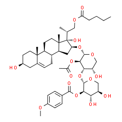 ChemSpider 2D Image | (2S,3R,4S,5R)-2-{[(2S,3R,4S,5S)-3-Acetoxy-2-({(3S,8R,9S,10R,13S,14S,16S,17S)-3,17-dihydroxy-10,13-dimethyl-17-[(2R)-1-(pentanoyloxy)-2-propanyl]-2,3,4,7,8,9,10,11,12,13,14,15,16,17-tetradecahydro-1H-c
yclopenta[a]phenanthren-16-yl}oxy)-5-hydroxytetrahydro-2H-pyran-4-yl]oxy}-4,5-dihydroxytetrahydro-2H-pyran-3-yl 4-methoxybenzoate | C47H68O16